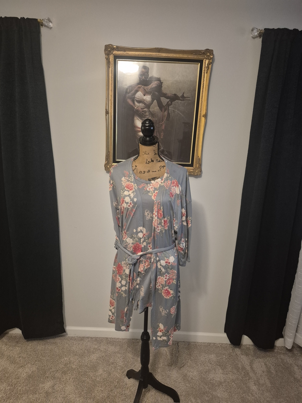 Women's Floral Robe and Chemise Set - Dusty Blue